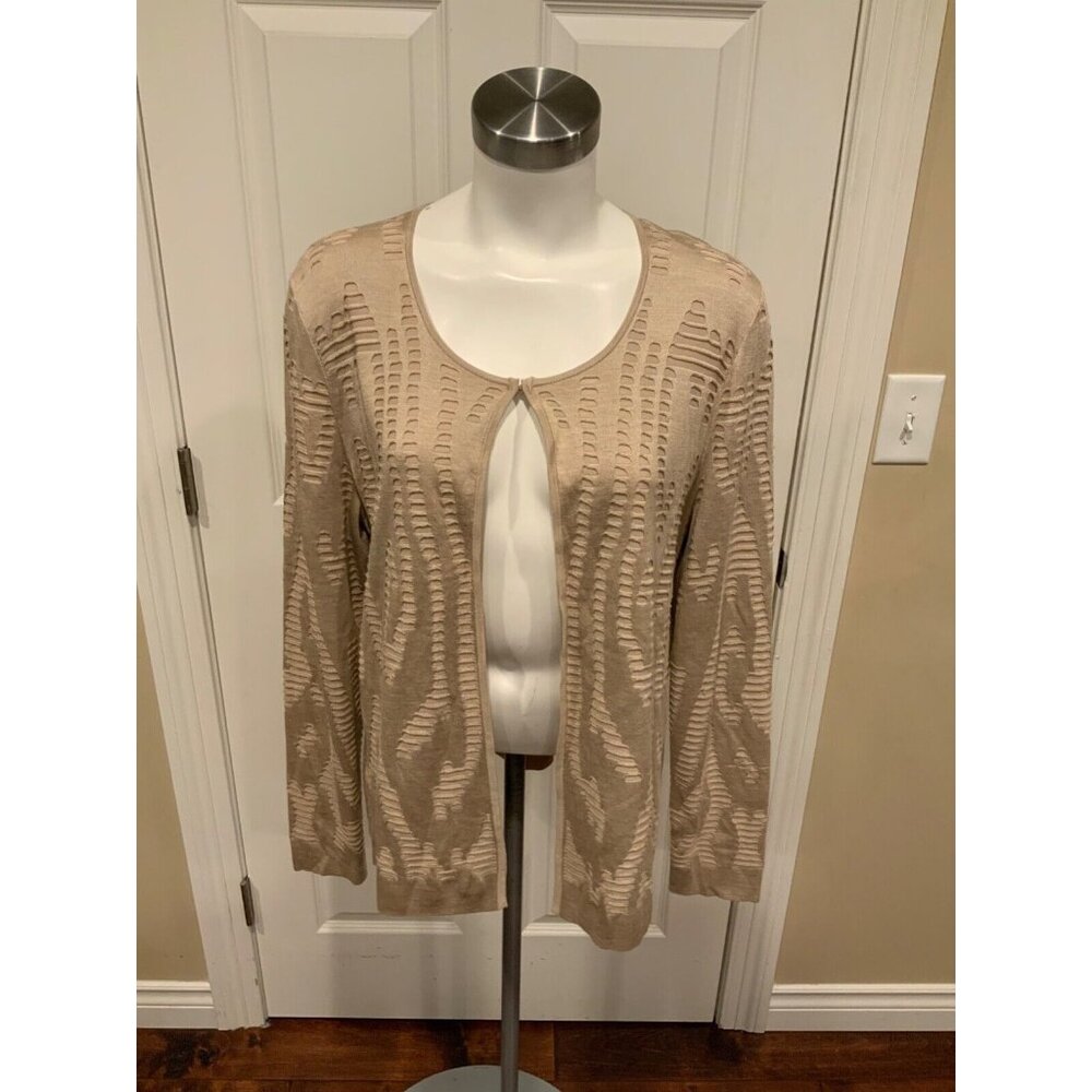 Lafayette 148 New York Tan Knit Eyelet Textured Silk Blend Cardigan, Size L
